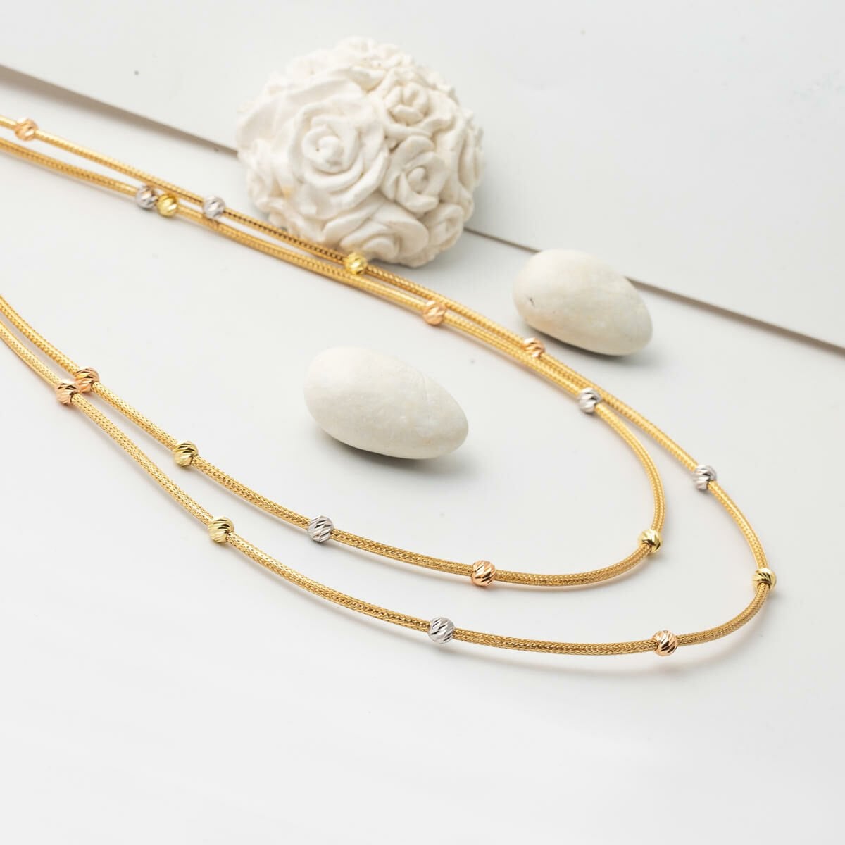 14K Yellow Gold Double Row Gold Bead Jewelry Set