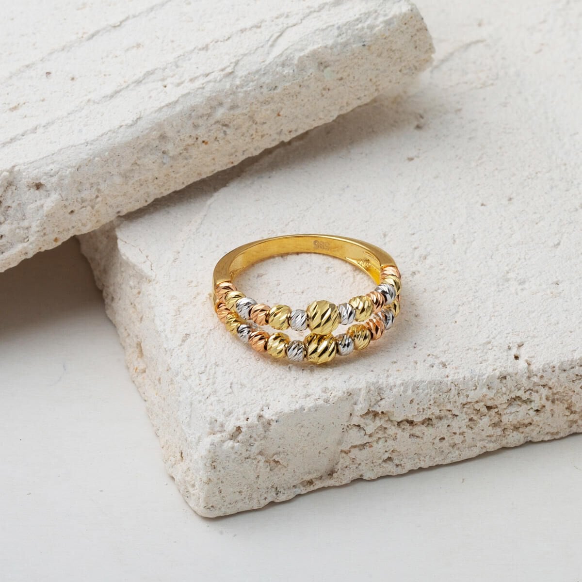 14K Yellow Gold Double Row Italian Gold Bead Ring
