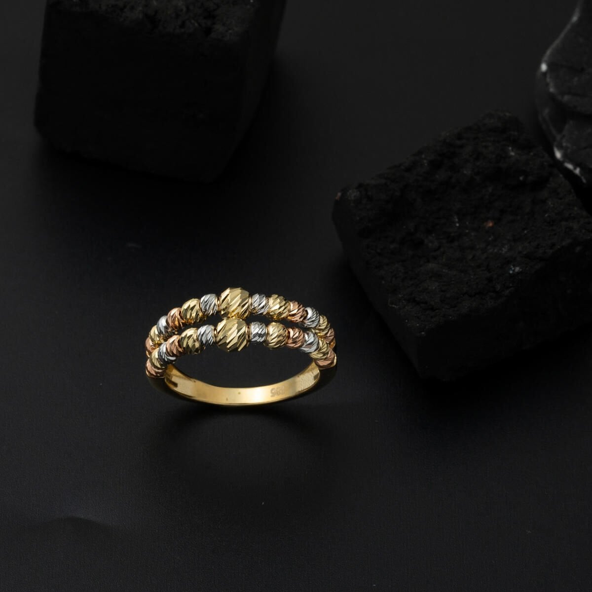 14K Yellow Gold Double Row Italian Gold Bead Ring