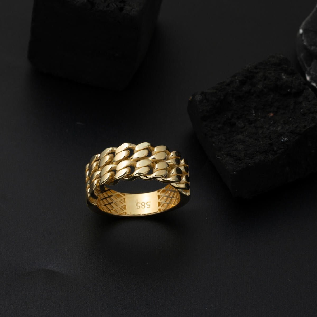 14K Yellow Gold Double Row Curb Chain Ring