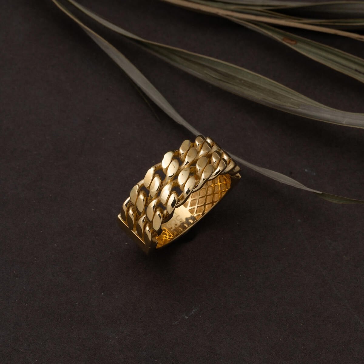 14K Yellow Gold Double Row Curb Chain Ring