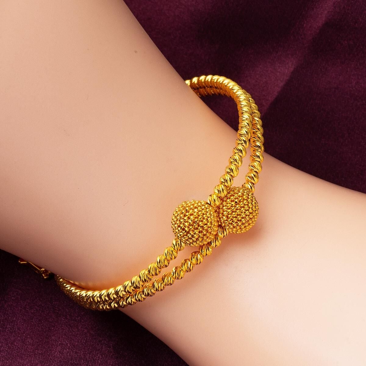 22K Yellow Gold Double Gold Bead Hinged Cuff Bangle