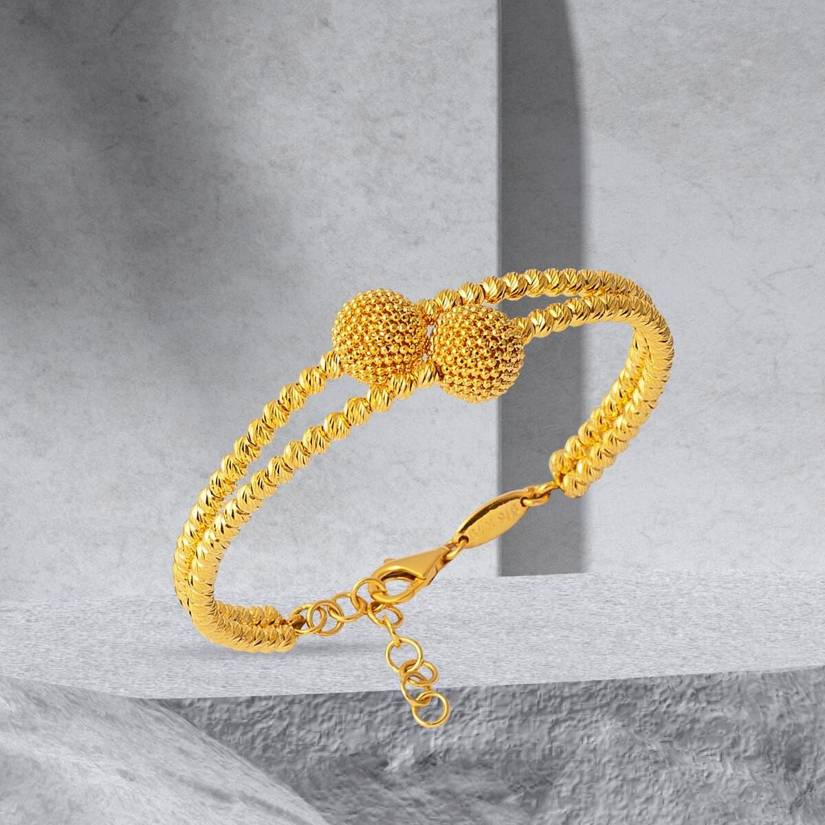 22K Yellow Gold Double Gold Bead Hinged Cuff Bangle