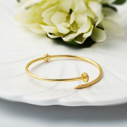 14K Yellow Gold Nail Design Cubic Zirconia Hinged Cuff Bangle