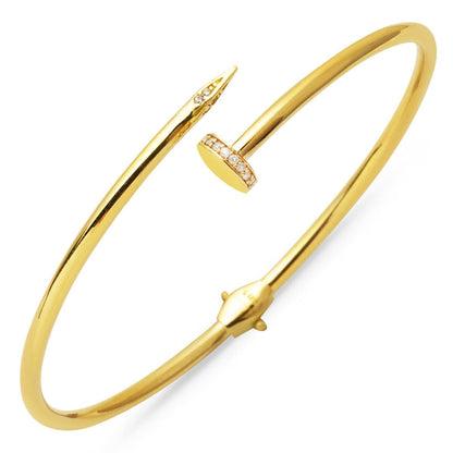 14K Yellow Gold Nail Design Cubic Zirconia Hinged Cuff Bangle