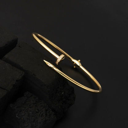 14K Yellow Gold Nail Design Cubic Zirconia Hinged Cuff Bangle