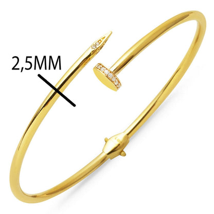 14K Yellow Gold Nail Design Cubic Zirconia Hinged Cuff Bangle