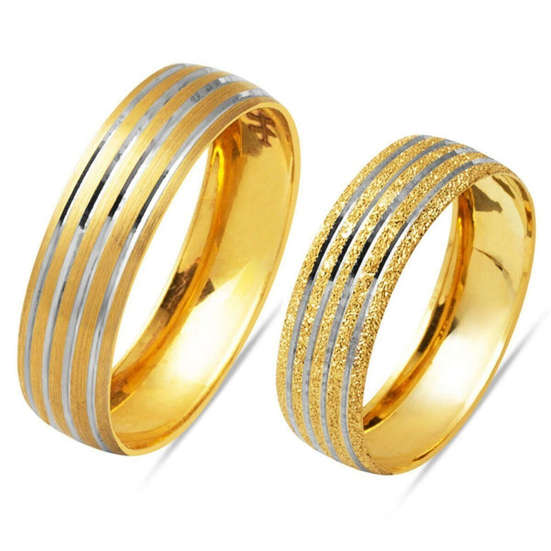 14K Yellow Gold Striped Wedding Band Set