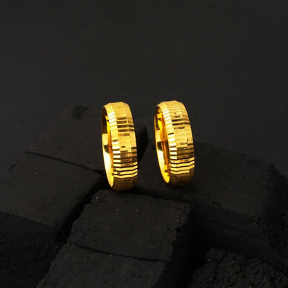 22K Yellow Gold Striped Double Wedding Band Ring Set