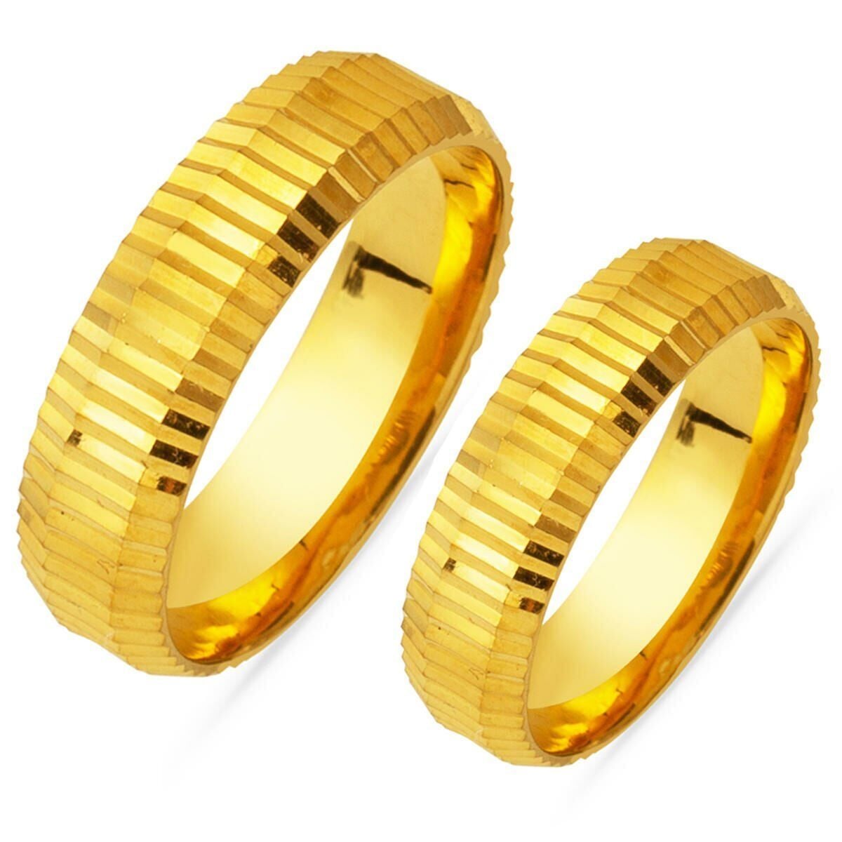 22K Yellow Gold Striped Double Wedding Band Ring Set