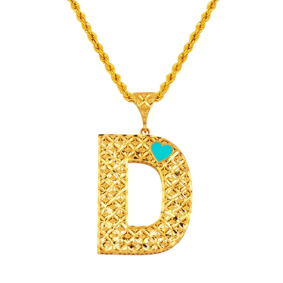 22K Yellow Gold Initial D Heart Turquoise Necklace