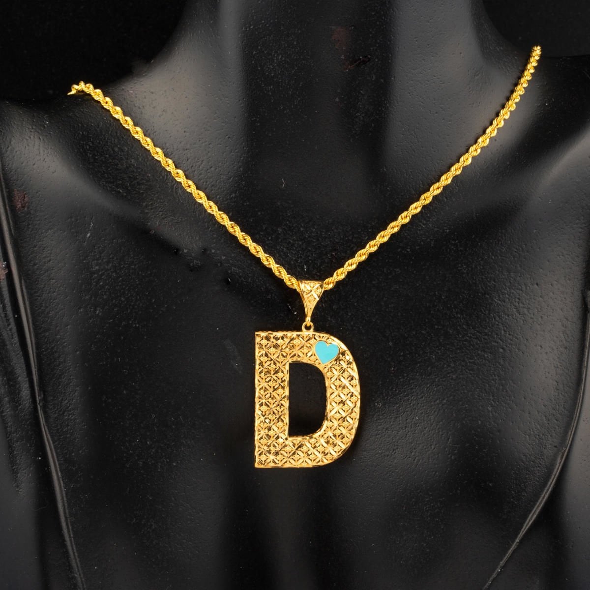 22K Yellow Gold Initial D Heart Turquoise Necklace