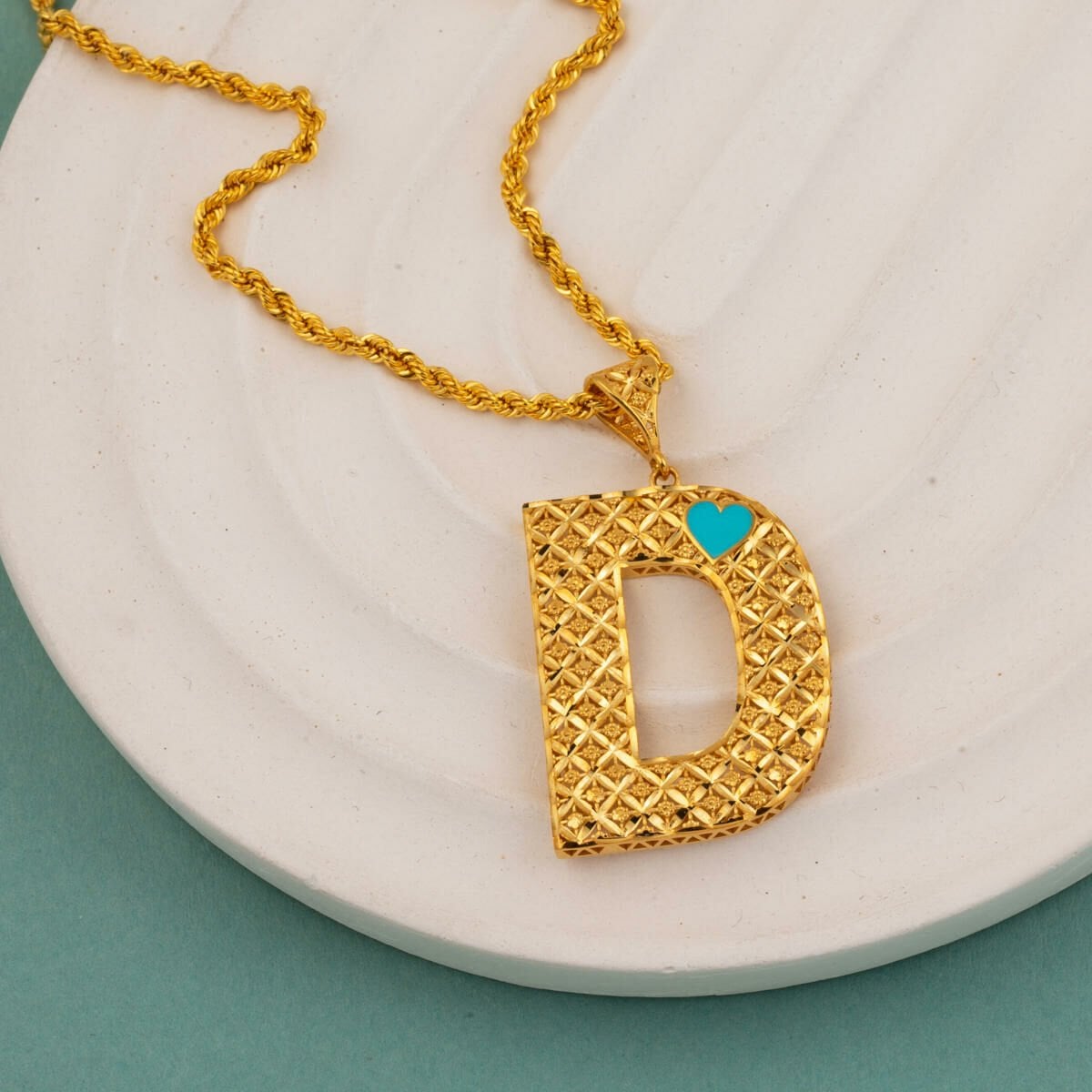 22K Yellow Gold Initial D Heart Turquoise Necklace