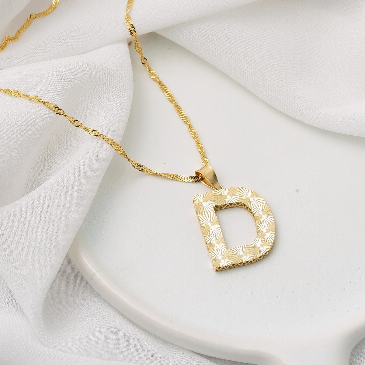 14K Yellow Gold 3 Dimensional D Initial Necklace