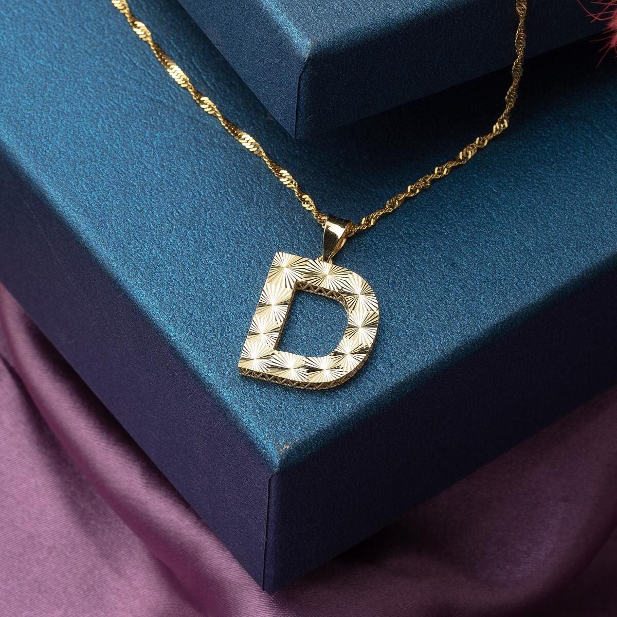 14K Yellow Gold 3 Dimensional D Initial Necklace