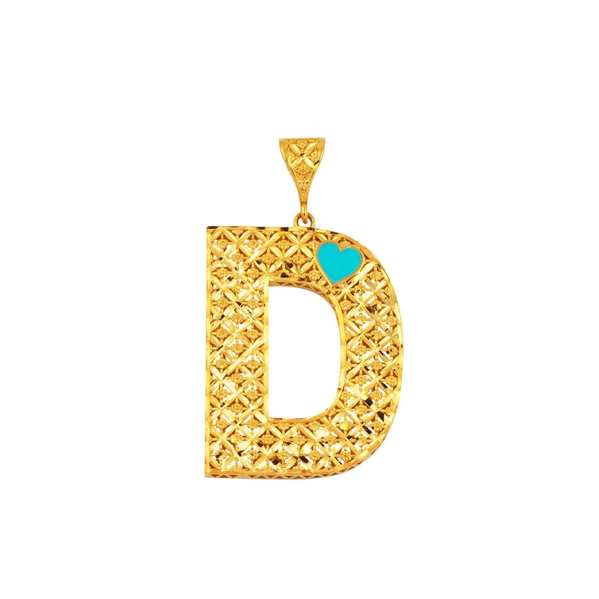 22K Yellow Gold Heart D Initial Turquoise Necklace