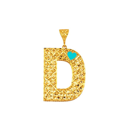 22K Yellow Gold Heart D Initial Turquoise Necklace