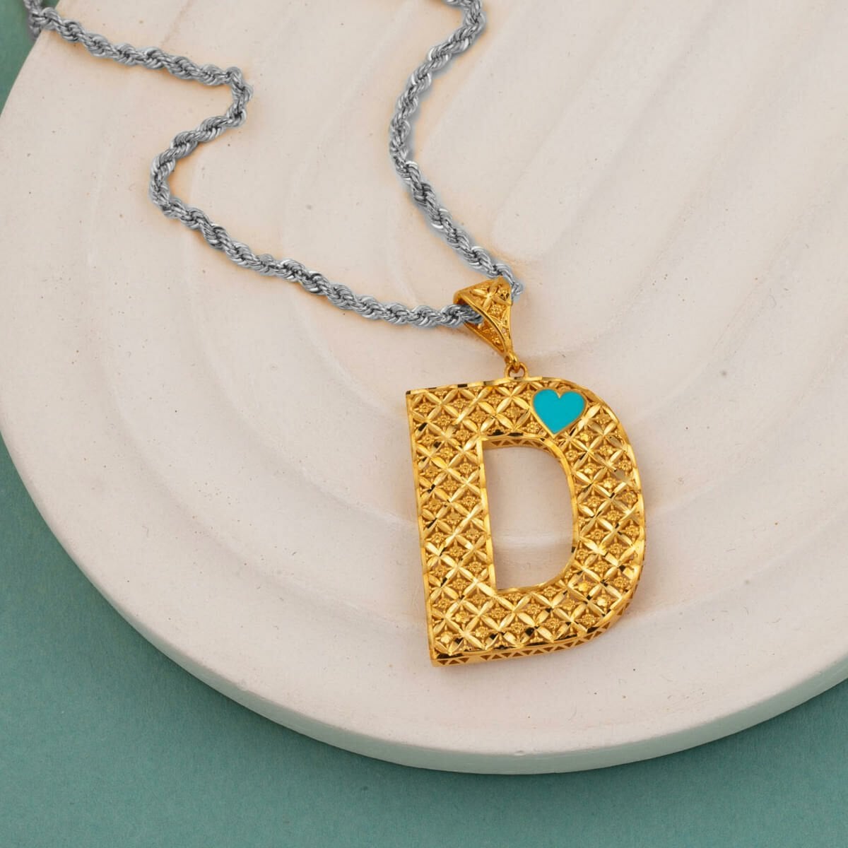 22K Yellow Gold Heart D Initial Turquoise Necklace