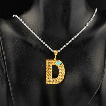 22K Yellow Gold Heart D Initial Turquoise Necklace