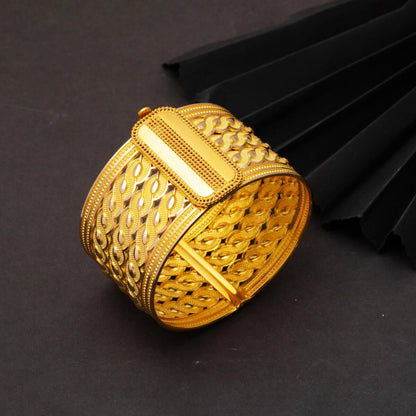 14K Yellow Gold Buckle Braided Hinged Cuff Bangle