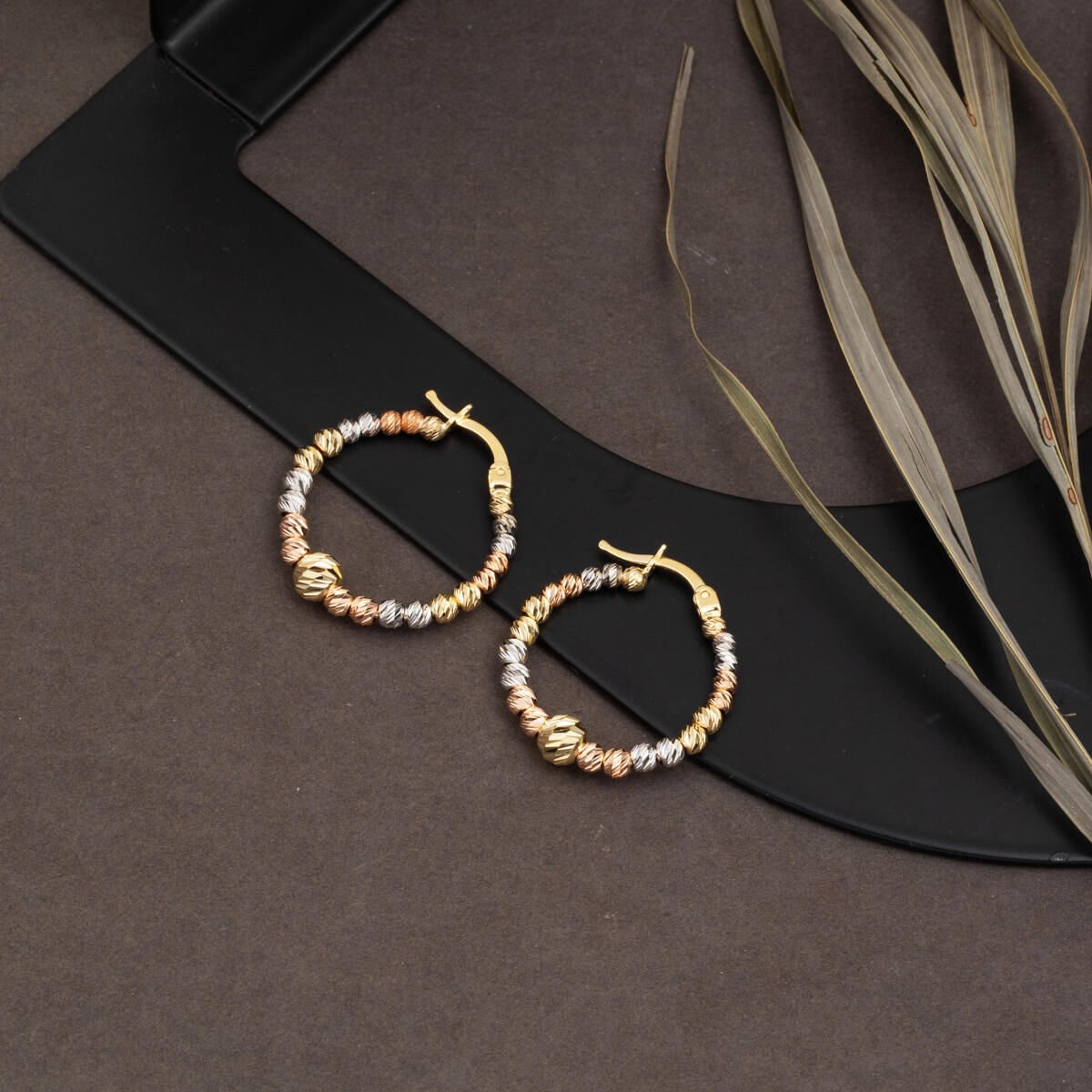 14K Yellow Gold Tri-Color Gold Bead Hoop Earrings (3.89 g)