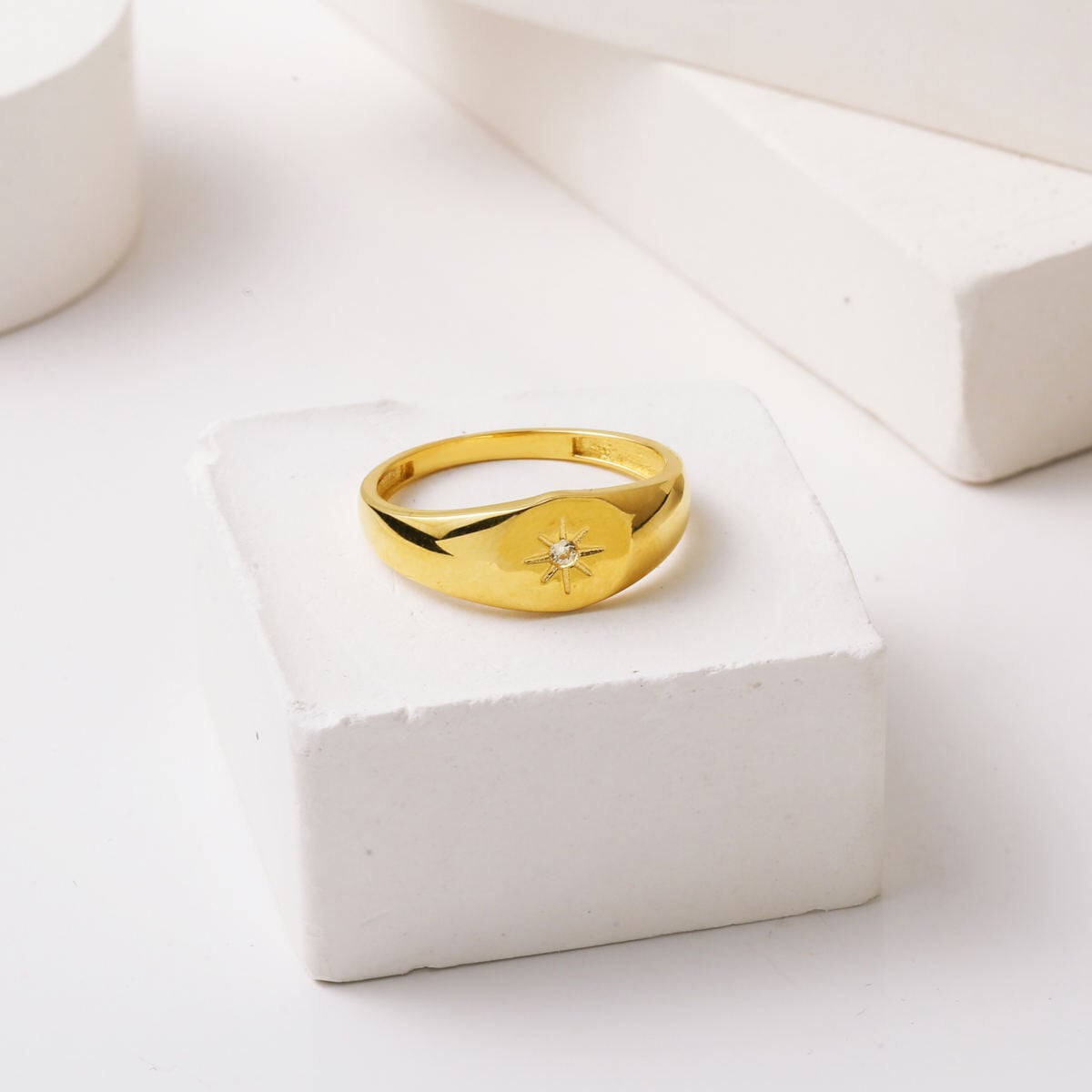 14K Yellow Gold Minimalist Star Signet Cubic Zirconia Ring