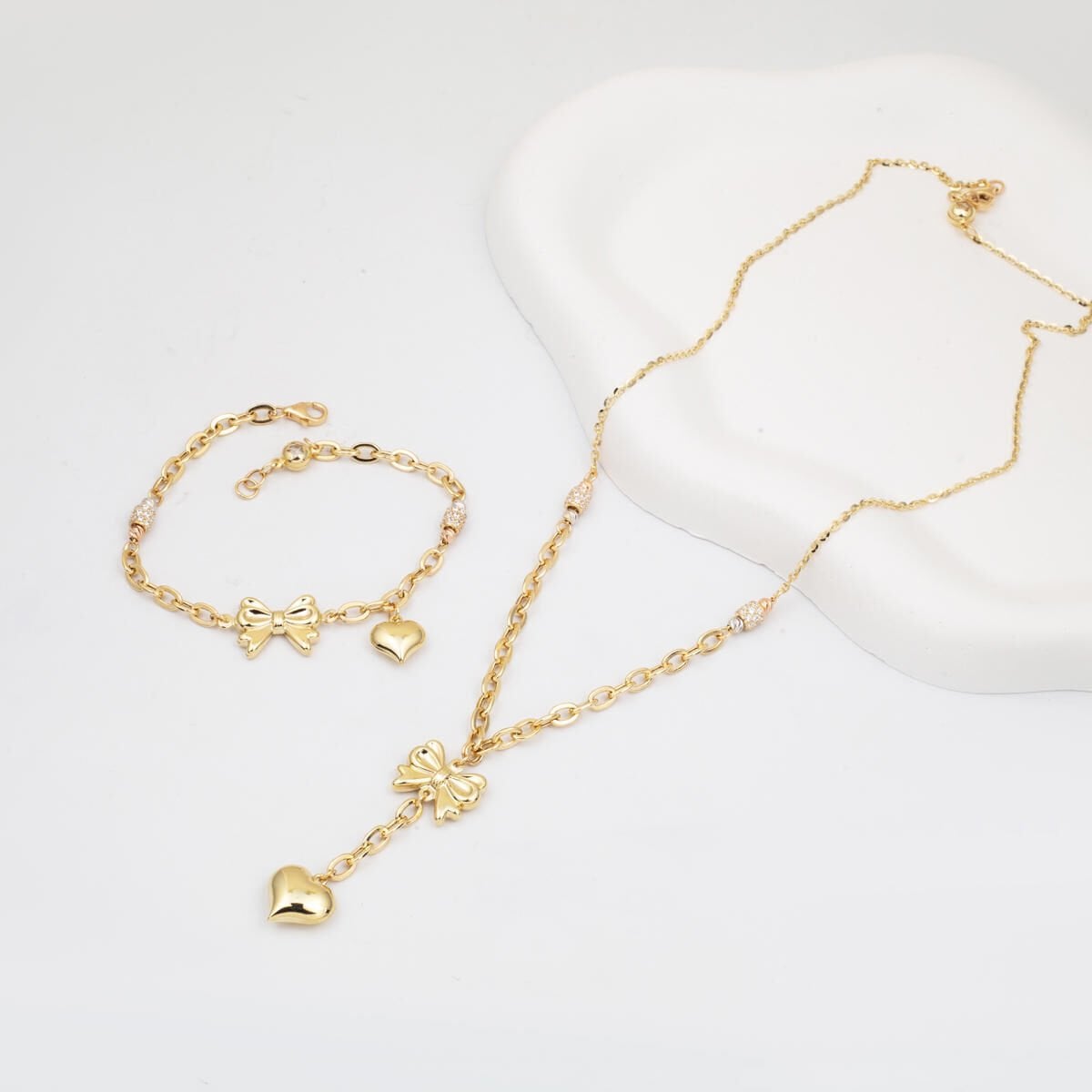 14K Yellow Gold Heart Dangle Cubic Zirconia Necklace and Bracelet Set