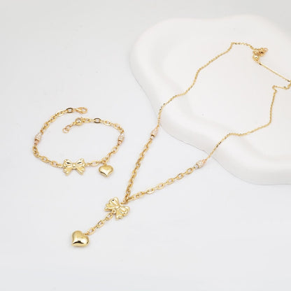 14K Yellow Gold Heart Dangle Cubic Zirconia Necklace and Bracelet Set