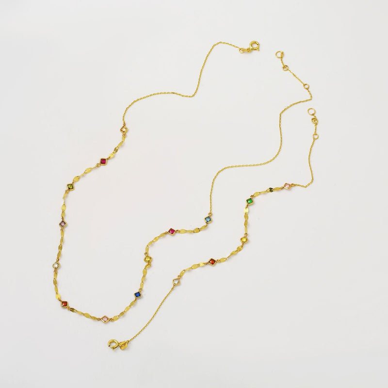 14K Yellow Gold Colored Lightweight Double Cubic Zirconia Chain Necklace and Bracelet Set