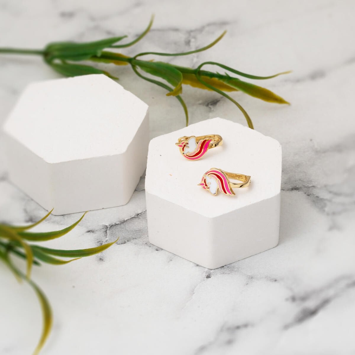 14K Yellow Gold Pink Unicorn Enamel Children's Earrings