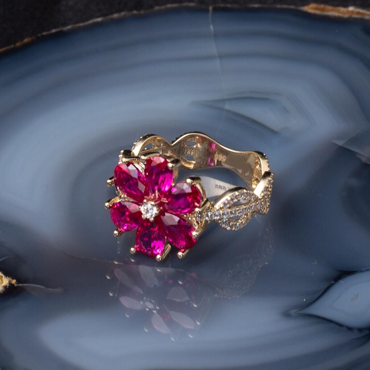 14K Yellow Gold Rose Flower Cubic Zirconia Ring