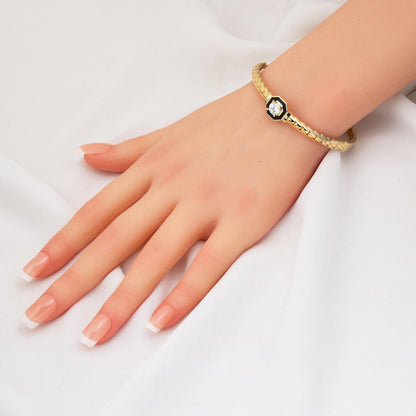 14K Yellow Gold Cagla Curb Link Cubic Zirconia Hinged Cuff Bracelet