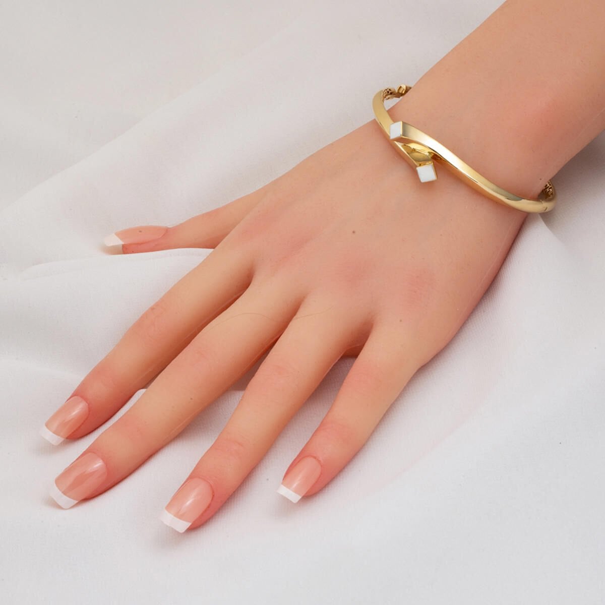 14K Yellow Gold Neva White Enamel Hinged Cuff Bangle