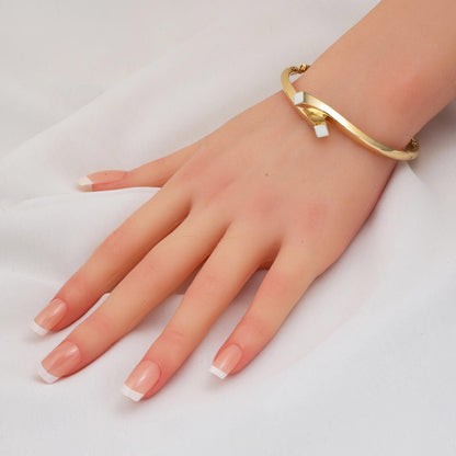 14K Yellow Gold Neva White Enamel Hinged Cuff Bangle