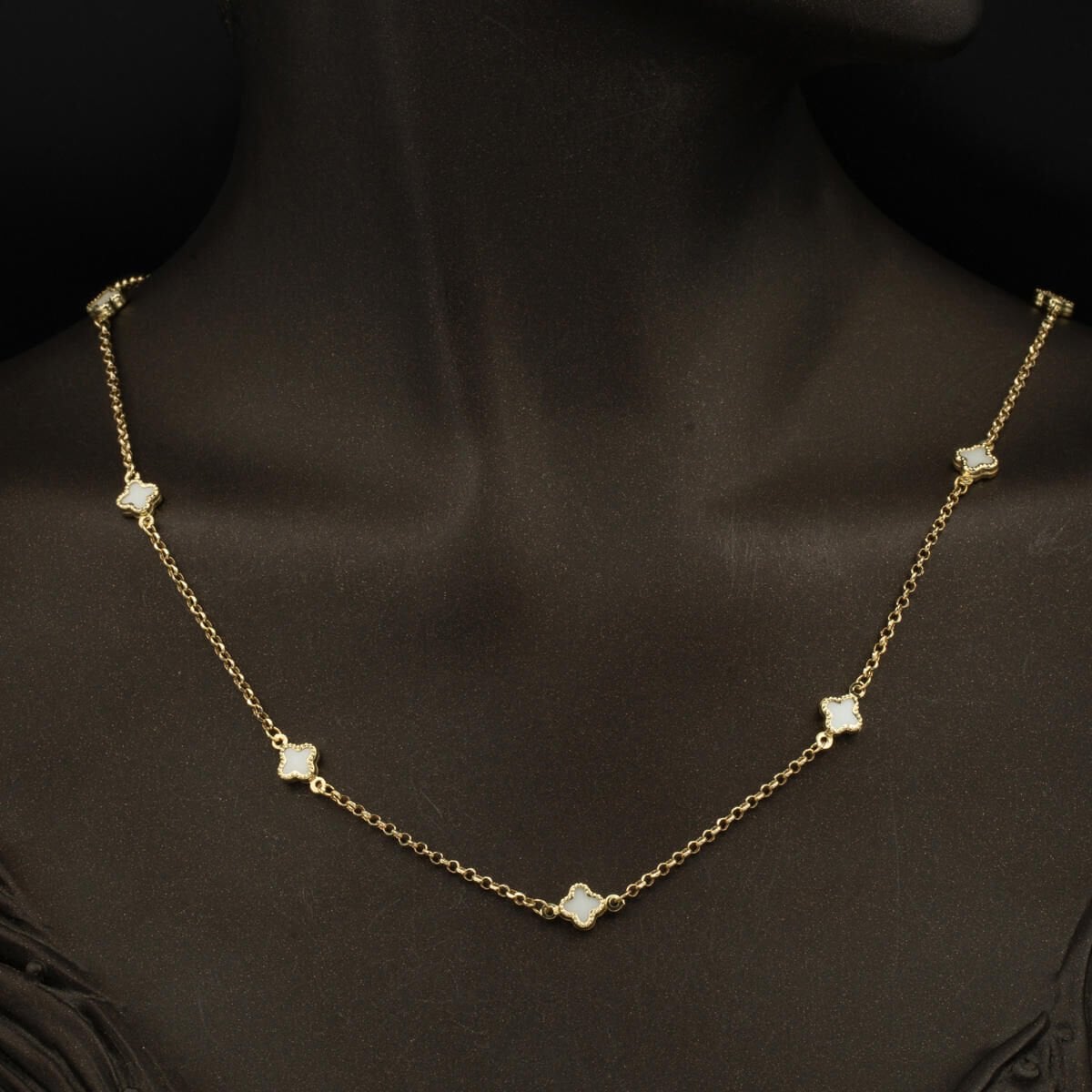 14K Yellow Gold White Clover Mother of Pearl Necklace Bracelet Set