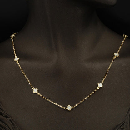 14K Yellow Gold White Clover Mother of Pearl Necklace Bracelet Set