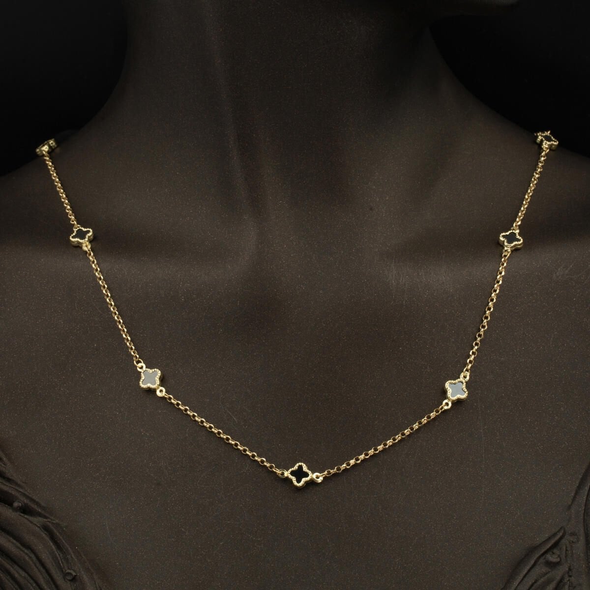 14K Yellow Gold Designer Inspired Black White Clover Cubic Zirconia Necklace