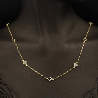 14K Yellow Gold Designer Inspired Black White Clover Cubic Zirconia Necklace