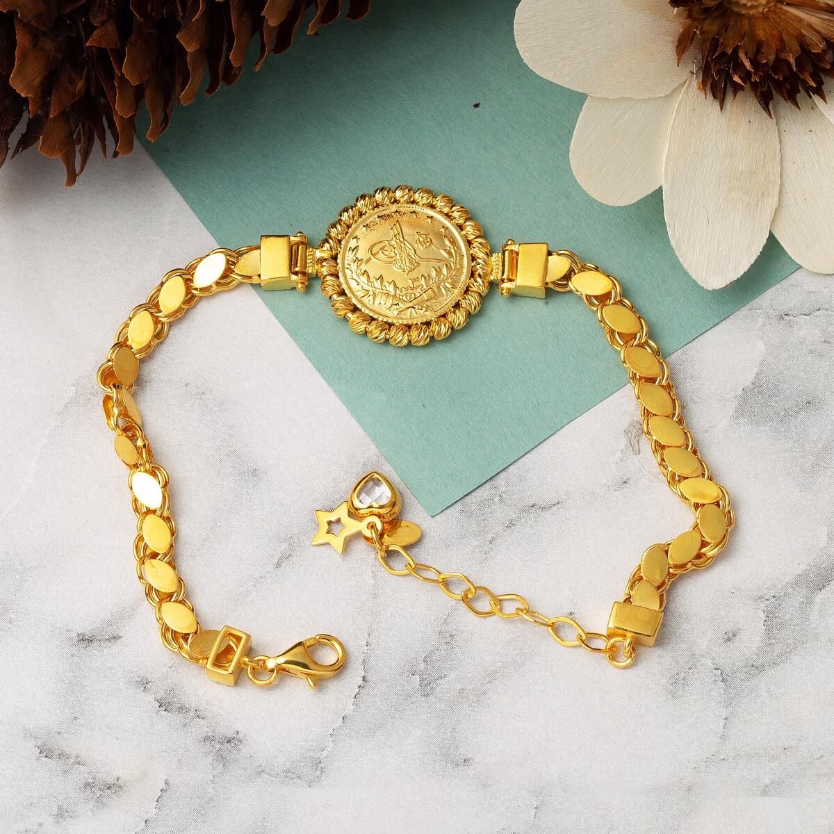 14K Yellow Gold Quarter Coin Ottoman Resat Coin Bezel Bracelet