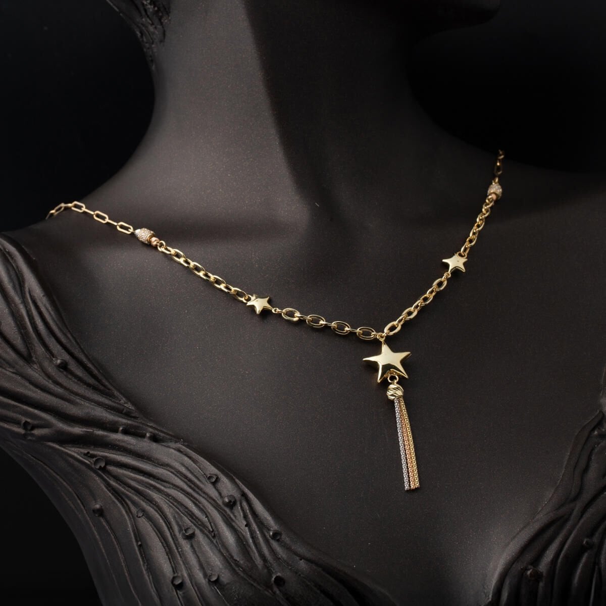 14K Yellow Gold Chain Star Cubic Zirconia Necklace