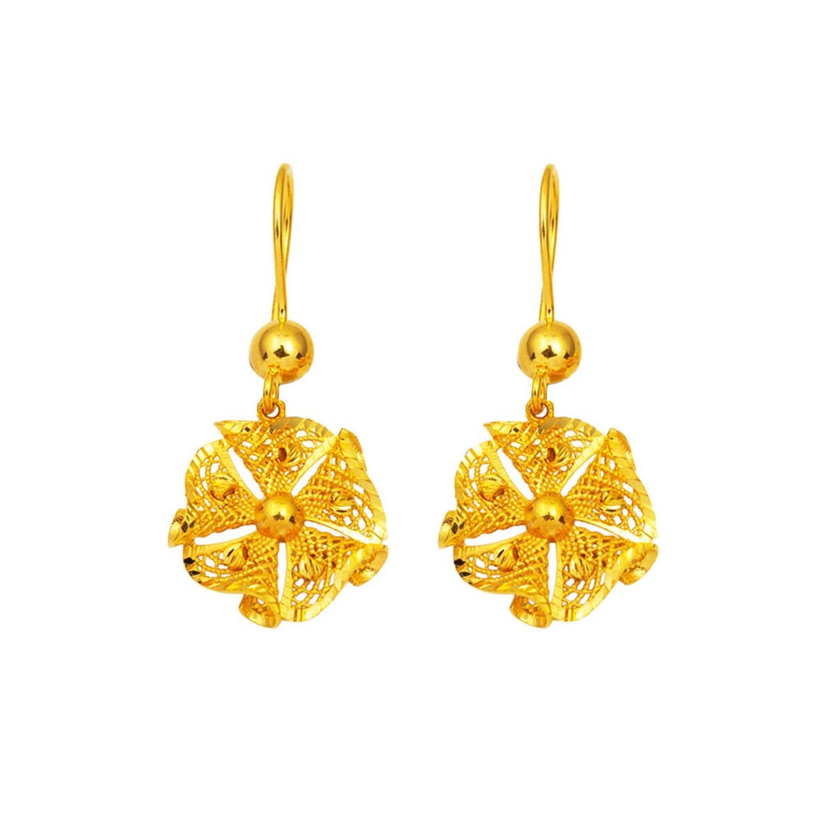 22K Yellow Gold Filigree Engraved Dangle Earrings