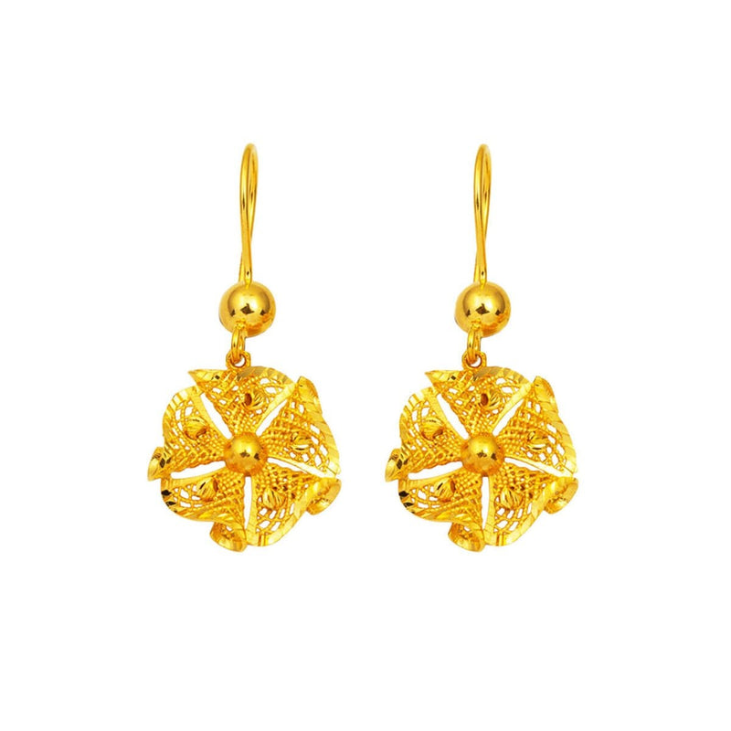 22K Yellow Gold Filigree Engraved Dangle Earrings