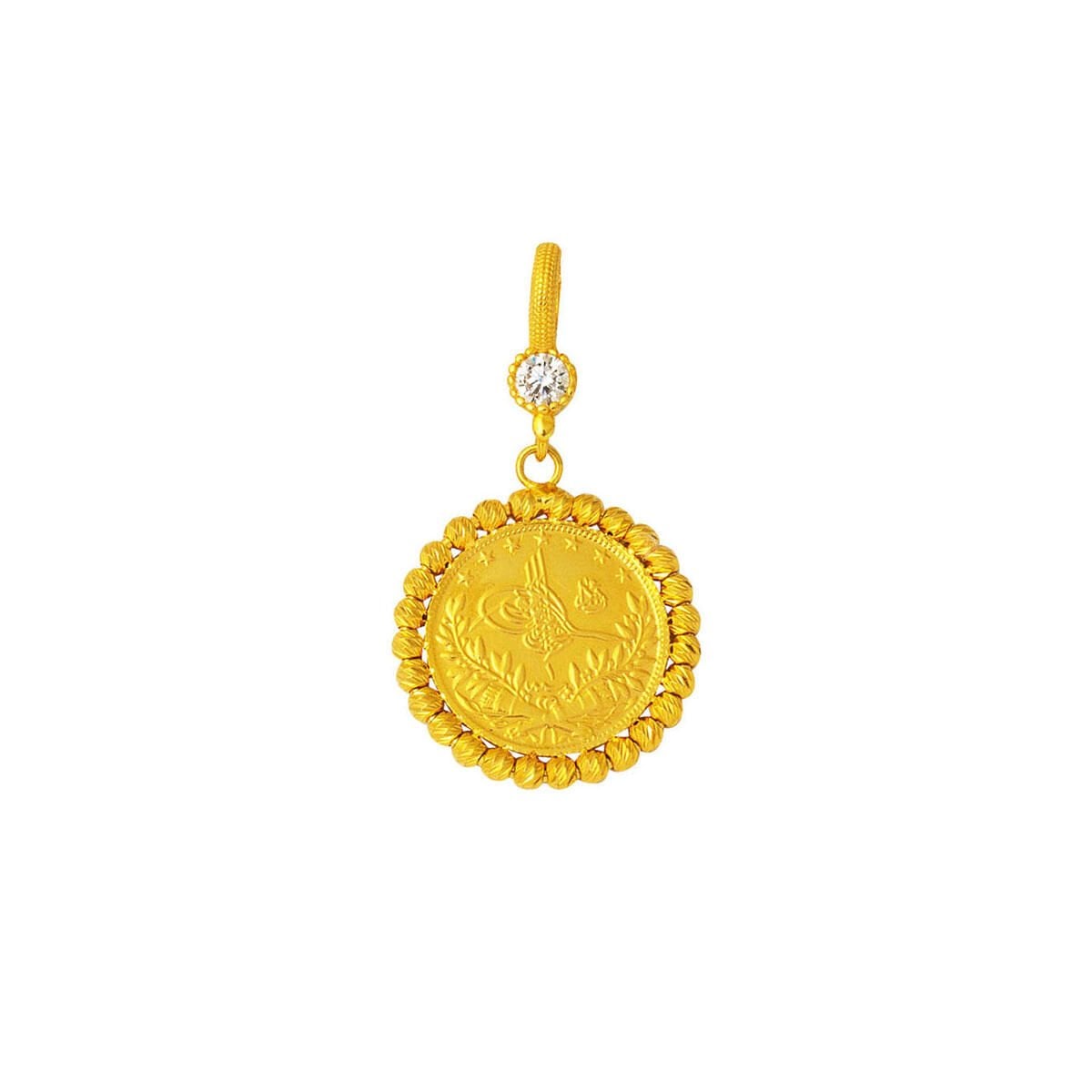 14K Yellow Gold Half Ottoman Resat Coin Cubic Zirconia Pendant