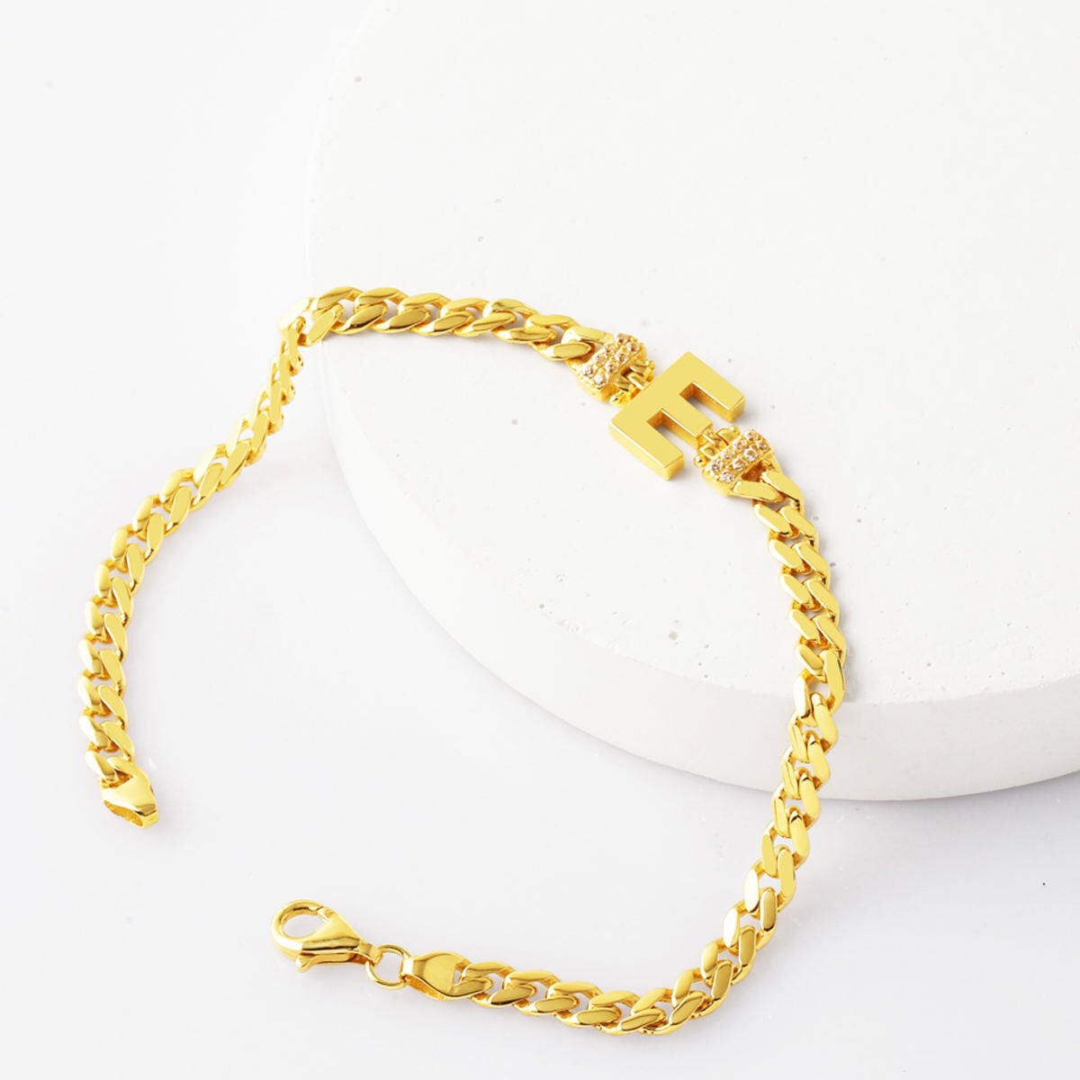 14K Yellow Gold E Initial Curb Cubic Zirconia Bracelet