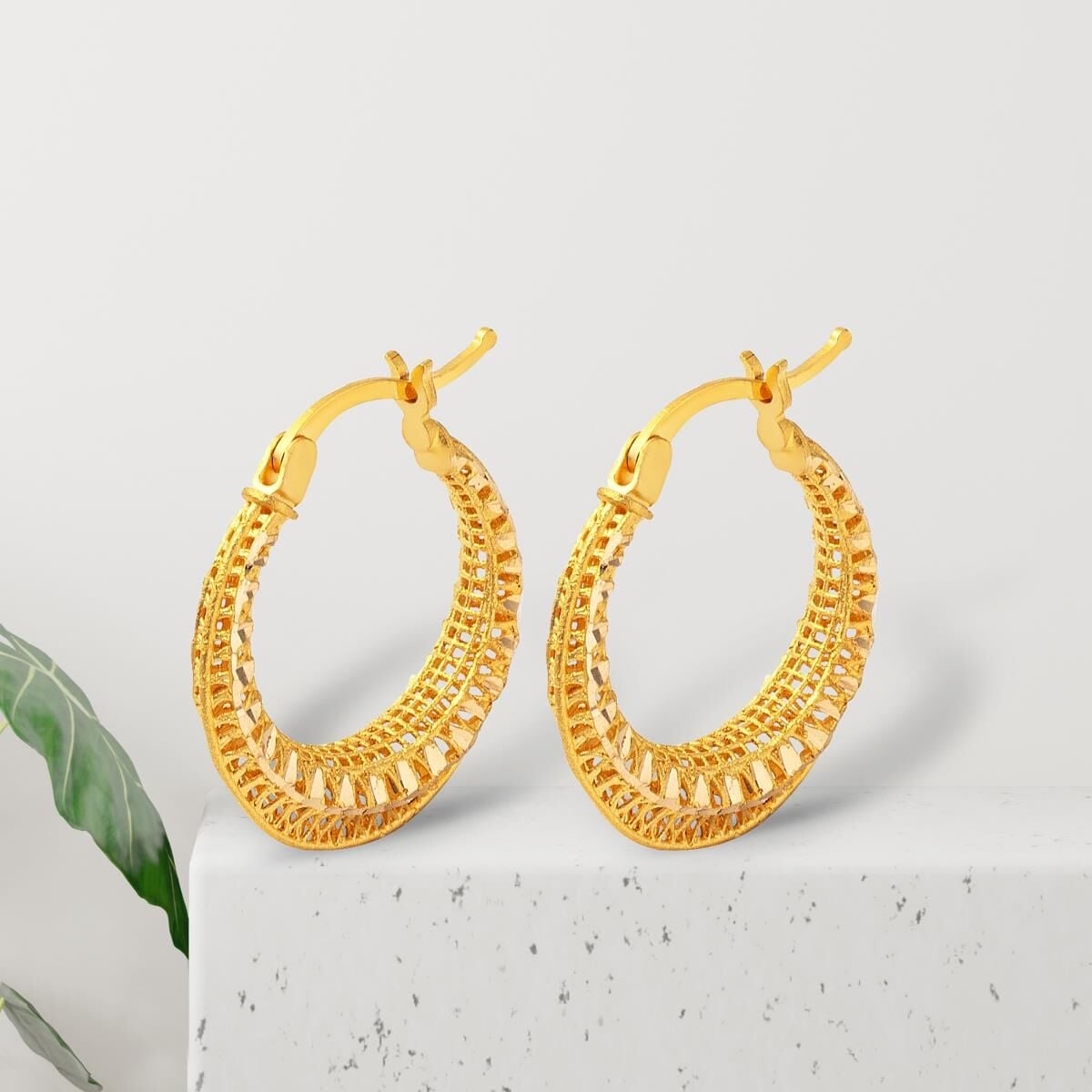 22K Yellow Gold Basket Hoop Earrings