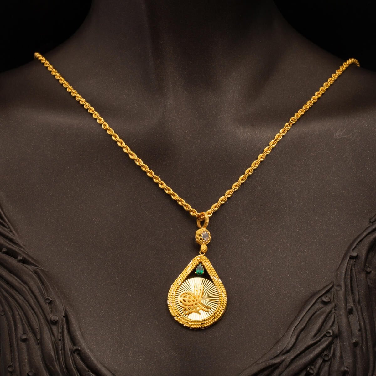14K Yellow Gold Teardrop Ottoman Tughra Cubic Zirconia Necklace