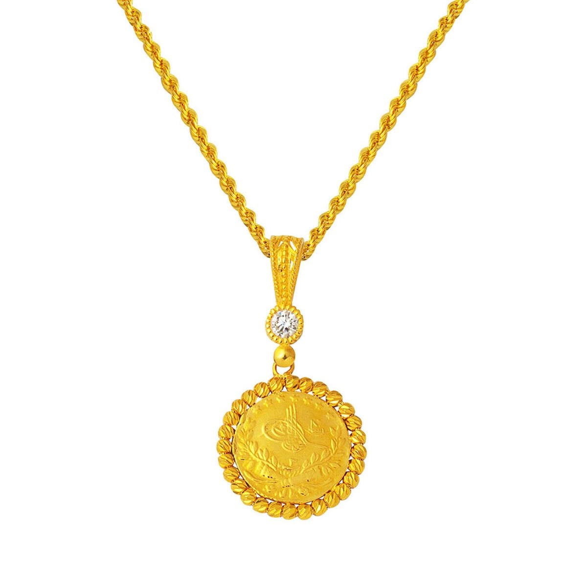 14K Yellow Gold Quarter Coin Ottoman Resat Coin Cubic Zirconia Necklace