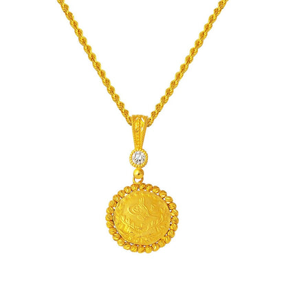 14K Yellow Gold Quarter Coin Ottoman Resat Coin Cubic Zirconia Necklace