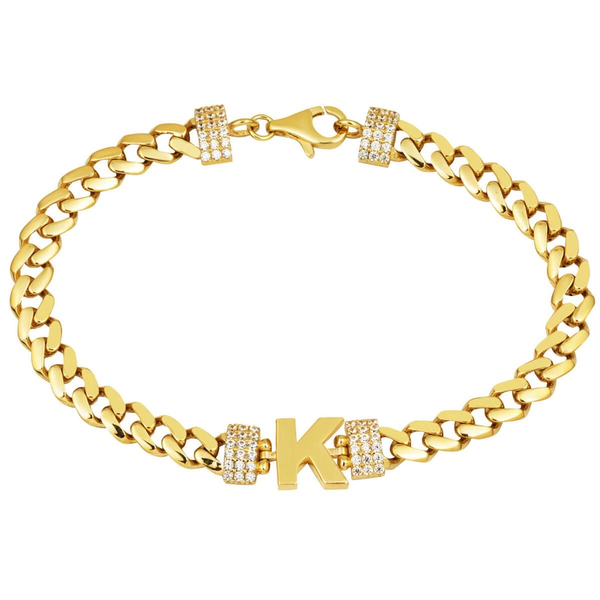 14K Yellow Gold Curb Chain K Initial Cubic Zirconia Bracelet