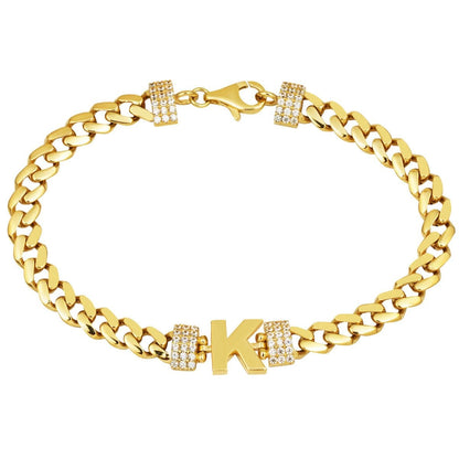 14K Yellow Gold Curb Chain K Initial Cubic Zirconia Bracelet
